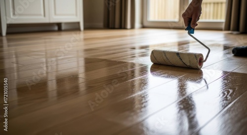 Hand rolling lacquer on fresh light-colored hardwood floor in a bright room