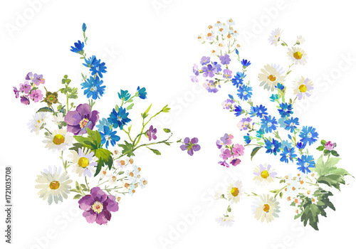 Vector Acrylic Painting Style Wildflower Bouquet , Colorful Floral Arrangement Illustration