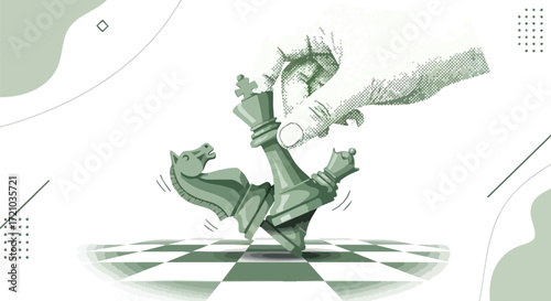 A hand places a chess king on a chessboard, with other pieces in motion, symbolizing strategic decision-making and game dynamics.