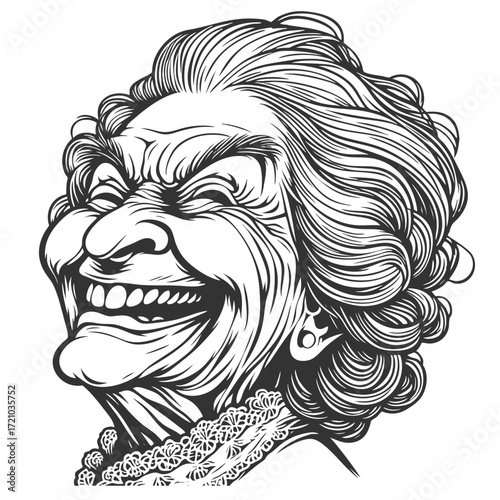 elderly woman with wide smile, curly hair, and pearl necklace, expressing joyful laughter sketch engraving generative ai fictional character vector illustration. Scratch board. Black and white image.