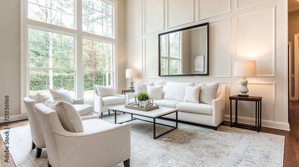 Fototapeta premium A bright and modern living room featuring a white sofa, stylish decor, and large windows that let in natural light.