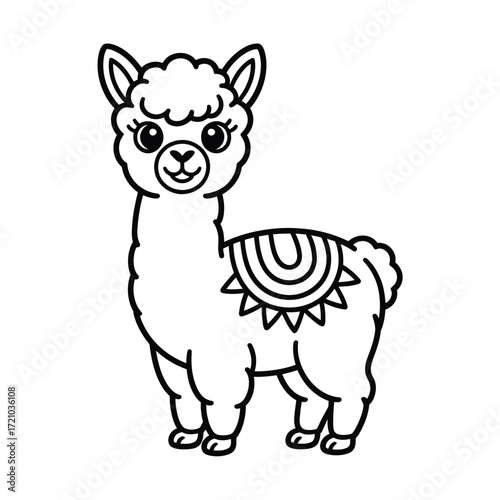 Cute cartoon llama with a decorative blanket isolated on white background