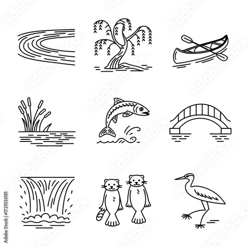 Nature icons river tree canoe cattails fish bridge waterfall otters heron