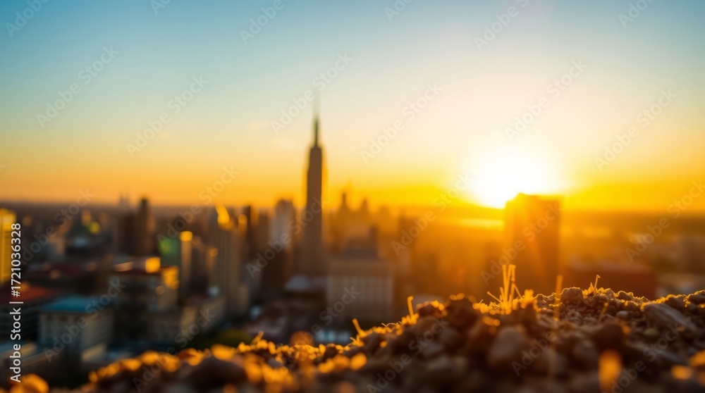 Fototapeta premium Golden Dawn over Metropolis: A breathtaking cityscape is bathed in the warm, radiant glow of sunrise, with iconic skyscrapers silhouetted against a sky ablaze with color and the first light of dawn.
