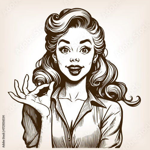smiling woman, holding her fingers close together as if showing something small sketch engraving generative ai fictional character vector illustration. Scratch board. Black and white image.