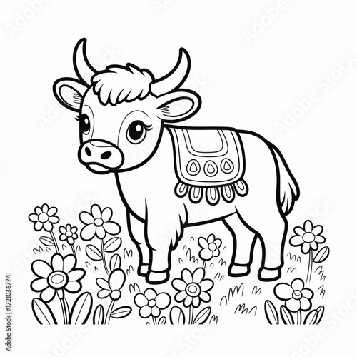 Cute cartoon yak with a saddle standing in a field of flowers isolated on white background