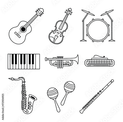 Acoustic guitar violin drum set keyboard trumpet accordion saxophone maracas flute