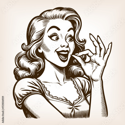 cheerful woman with glamorous hair and dress, holding fingers in playful gesture with wide smile sketch engraving generative ai fictional character vector illustration. Scratch board. Black and white.
