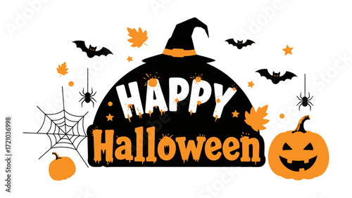 Happy Halloween Graphic: A festive Halloween graphic featuring a grinning pumpkin, spider web, witch's hat, bats, and festive decorations perfect for the spooky holiday.