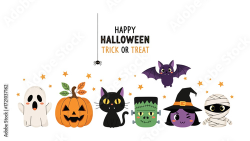 Happy Halloween Characters : A whimsical and spooky illustration featuring a delightful assortment of Halloween characters, celebrating the festive spirit with joy and charm.