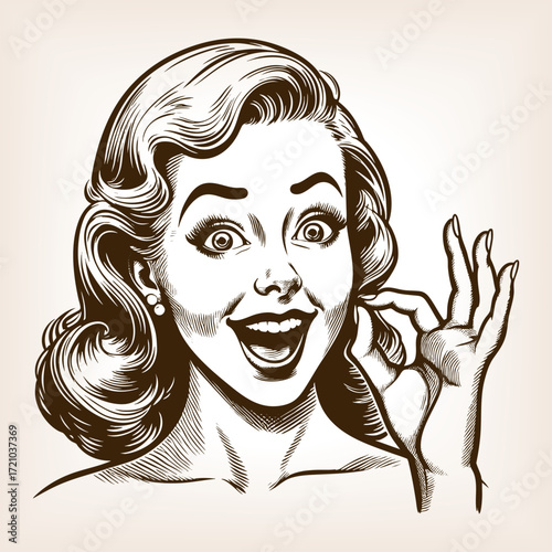 smiling woman, holding her fingers close together as if showing something small sketch engraving generative ai fictional character vector illustration. Scratch board. Black and white image.