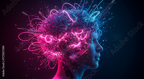 An artistic digital painting of a human head bursting, transformed into a tangled explosion of multi-colored wires