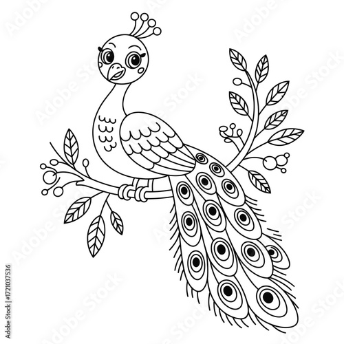 Cute cartoon peacock with elegant tail feathers sitting on a branch isolated on white background