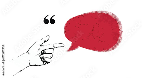 A minimalist illustration of a hand pointing towards a blank red speech bubble, with quotation marks indicating speech or a quote.