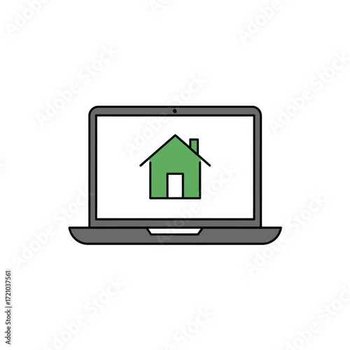 Illustration of a green house icon displayed on a laptop screen, representing home technology or online property services