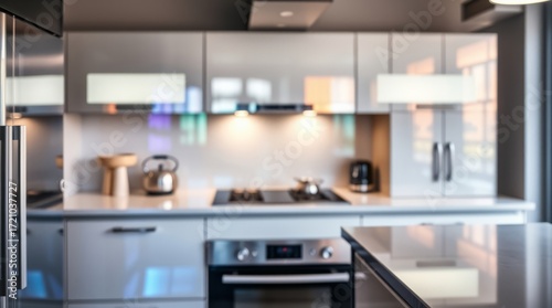 Modern Kitchen Interior Design: A blurred photograph showcasing a modern kitchen's interior design, featuring sleek cabinets, stainless steel appliances.