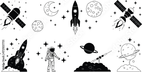 Space exploration vector illustration, rocket launch, astronaut, satellite, planets, moon, stars, astronomy, science education, cosmic adventure, black white design