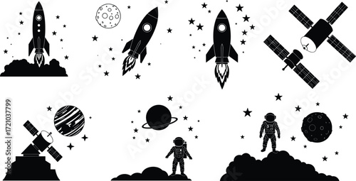 Space exploration vector illustration, rocket launch, astronaut, satellite, astronomy, planets, moon, stars, science education, cosmic adventure, black white design