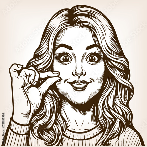 smiling woman, holding her fingers close together as if showing something small sketch engraving generative ai fictional character vector illustration. Scratch board. Black and white image.