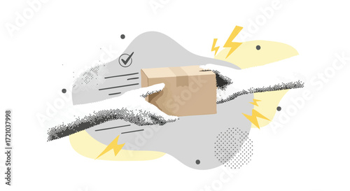 Swift delivery service hands passing package with checkmark and lightning bolt for speed and efficiency in modern abstract design