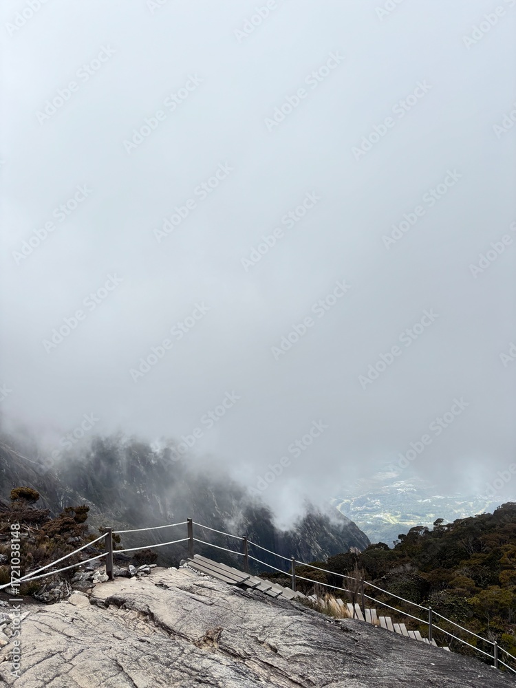 Fototapeta premium Mount Kinabalu, Sabah trail wooden staircases climbing journey