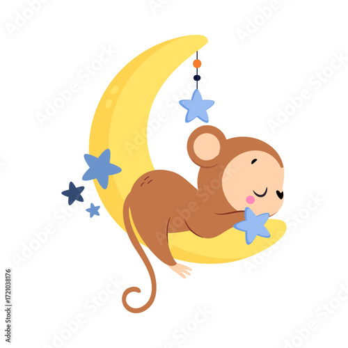 Moon with Monkey Animal Sleeping Have Sweet Dreams Vector Illustration