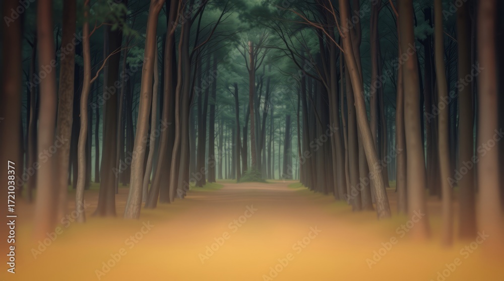 Naklejka premium Forest Path: A serene forest path, inviting you on a journey through a symphony of nature's beauty. Towering trees stand tall, their branches intertwining above.