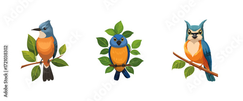 Vibrant Blue and Orange Birds Perched on Branches with Lush Green Leaves