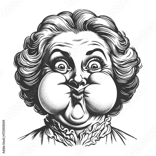 cheerful woman with curly hair, puffing out her cheeks humorously while making an exaggerated comic face sketch engraving generative ai vector illustration. Scratch board. Black and white image.