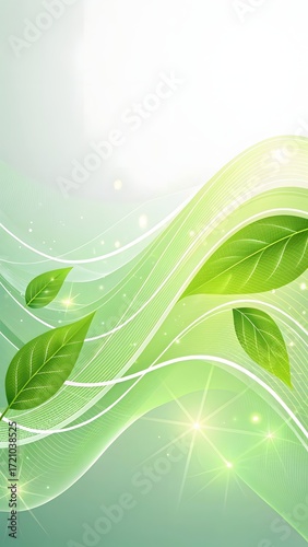 Fresh Green Leaves With Abstract Wave Light Background Eco Nature Concept Clean Organic Environment Design