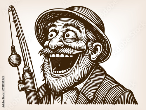 bearded man in hat holding a fishing rod, laughing loudly with exaggerated comic expression sketch engraving generative ai fictional character vector illustration. Scratch board. Black and white image