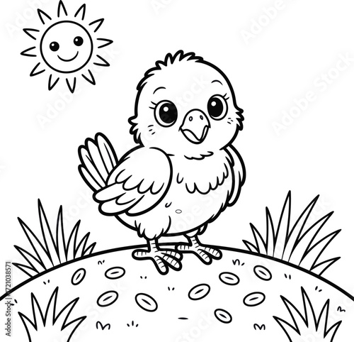 Cute cartoon chick standing in grass with seeds and a smiling sun isolated on white background