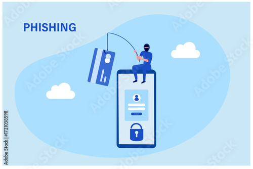 Phishing scam, hacker crime attack and personal data security concept. Hacker stealing online credit card password vector illustration