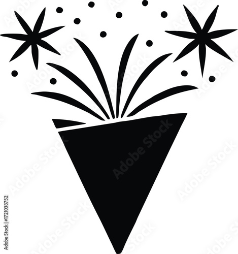 cone celebration fireworks silhouette vector, party sparkler rocket illustration
