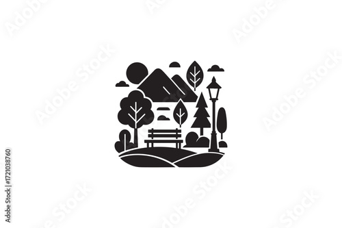 Nature scenery leaf, bench, mountains, park and lantern landscape vector image made by adobe illustrator. eps