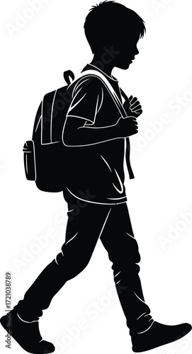 Silhouette of a young boy walking with a backpack, seen from the side against a white background.