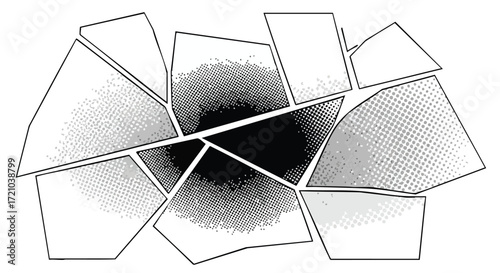 Abstract illustration of shattered geometric fragments with a dark, central void and gradient shading, suggesting impact or destruction.