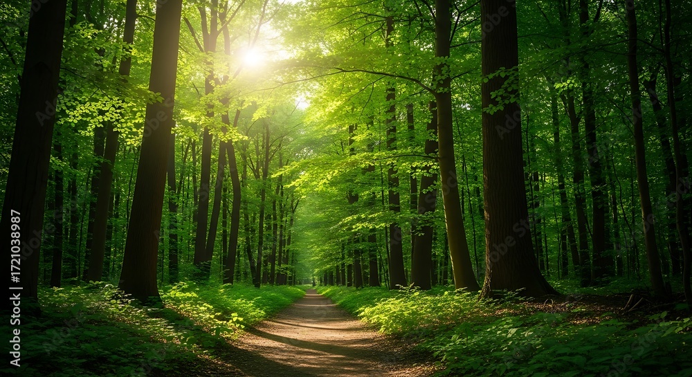 Fototapeta premium Sunlit Forest Path Through Lush Trees.