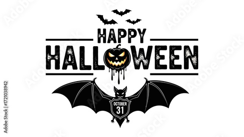 Spooky Halloween Illustration: A dark and enchanting Halloween illustration featuring a carved jack-o'-lantern, eerie bats, and celebratory typography.