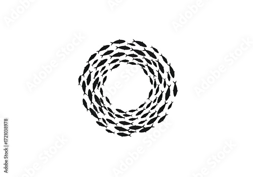 A circular school of small fish swimming in unison, forming a swirling pattern against a white background.