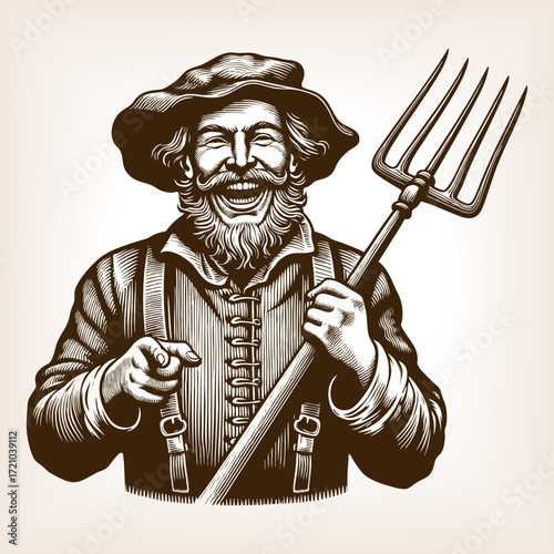 cheerful bearded farmer in rustic clothing and hat, holding a pitchfork and pointing with a grin sketch engraving generative ai fictional character vector illustration. Scratch board. Black and white.