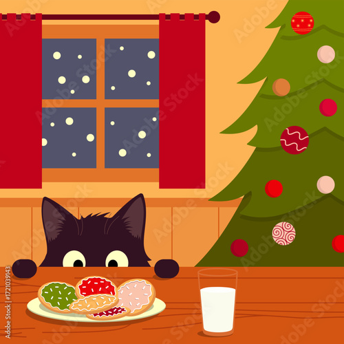 Funny black cat staring at a plate of cookies and a glass of milk on a table at home during Christmas. Cute and curious pet looking at sweet food on a kitchen counter