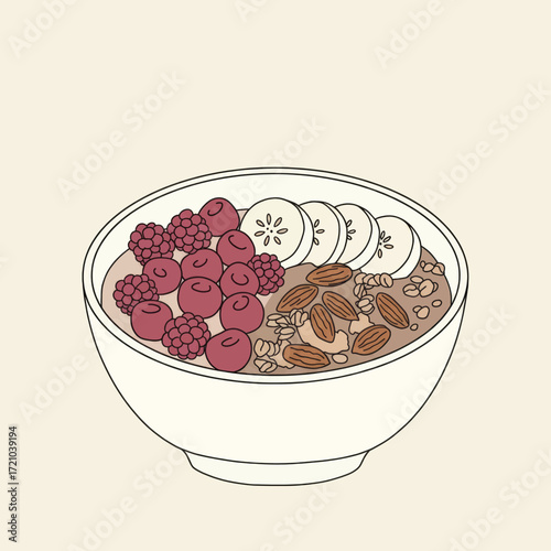 Delicious bowl of oatmeal topped with fresh raspberries, sliced bananas, and crunchy almonds, perfect for a healthy breakfast
