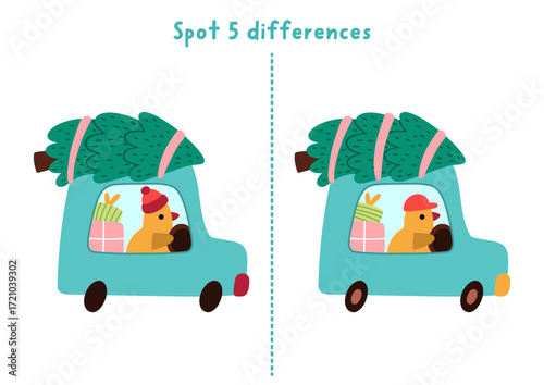 Christmas find differences game for children. Winter holiday educational activity with bird driving a car with fir tree. Cute puzzle for kids with funny New Year character. Printable worksheet, page