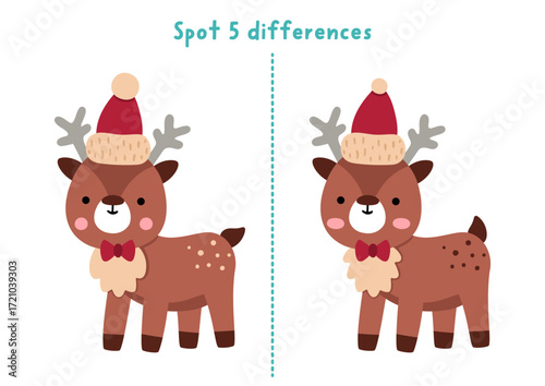 Christmas find differences game for children. Winter holiday educational activity with deer. Cute puzzle for kids with funny New Year animal. Printable worksheet, page for logic and attention