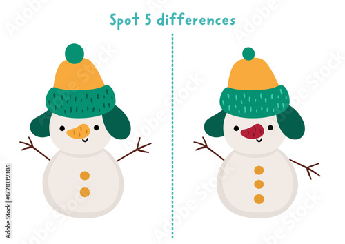 Christmas find differences game for children. Winter holiday educational activity with snowman. Cute puzzle for kids with funny New Year character. Printable worksheet, page for logic, attention