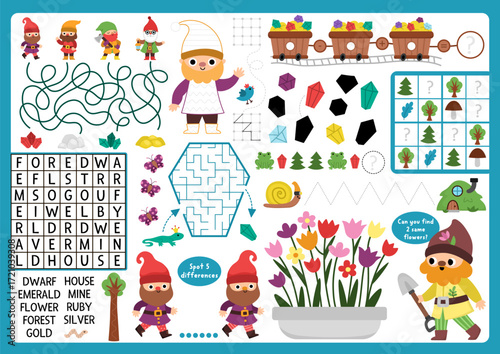 Vector dwarf village placemat. Forest gnome printable activity mat with maze, crossword puzzle, shadow match, find difference. Cute fairytale play mat, menu, kids magazine spreadsheet