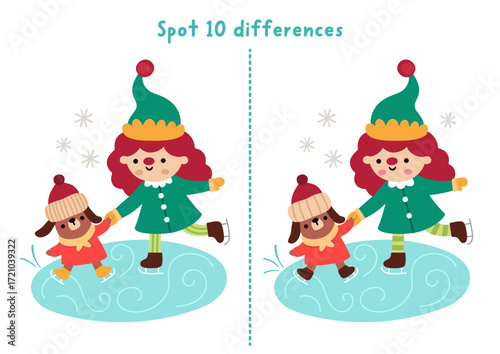 Christmas find differences game for children. Winter holiday educational activity with elf teaching puppy skate on the rink. Cute puzzle for kids with New Year character. Printable worksheet, page