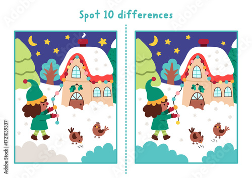 Christmas find differences game for children. Winter holiday educational activity with elf decorating house with lights. Cute puzzle for kids with New Year character. Printable worksheet, page