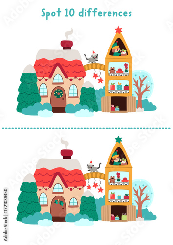 Christmas find differences game for children. Winter holiday educational activity with toy factory. Cute puzzle for kids with funny New Year or Santa Claus house. Printable worksheet, page